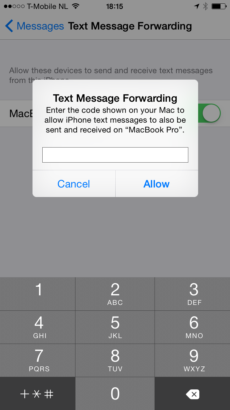 cant see pin that is suppose to be shown on mac for text message forwarding